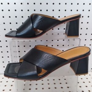 FABIO RUSCONI Black Women's Sandal | Leather Strap Chunky Block Mid Heel Sz 9M